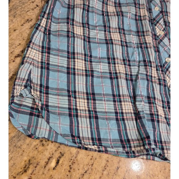 Talbots Womens Size XL Blue Plaid Button Up Shirt Metallic Thread - Picture 6 of 13